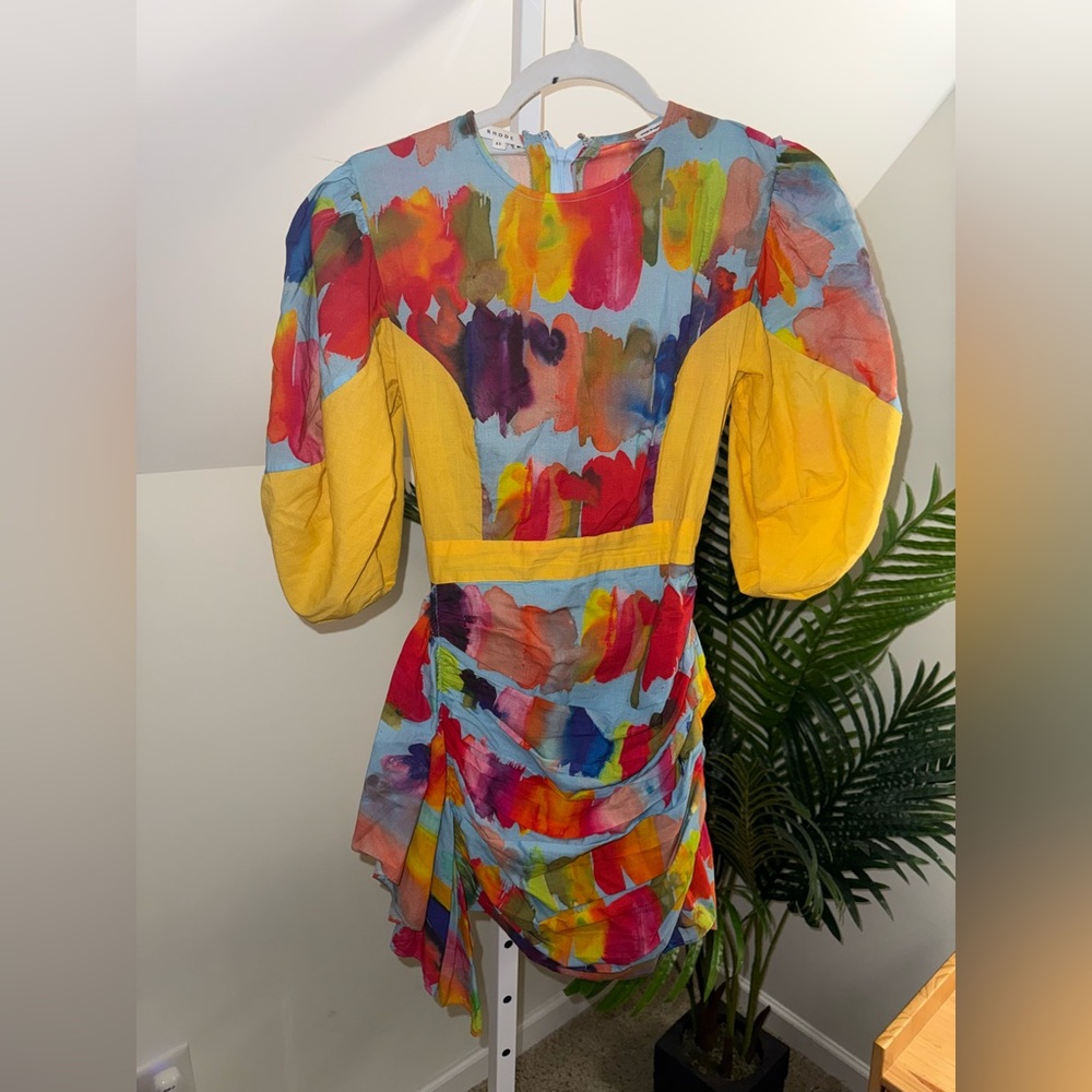Rhode Pia Mini Dress Puff-Sleeve Brush‎ Strokes Multicolor Water Small XS - Picture 5 of 7